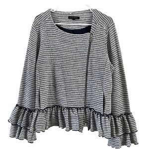 Banana Republic Women's Blue White Tweed Blazer Jacket Size 14 Ruffle Sleeves